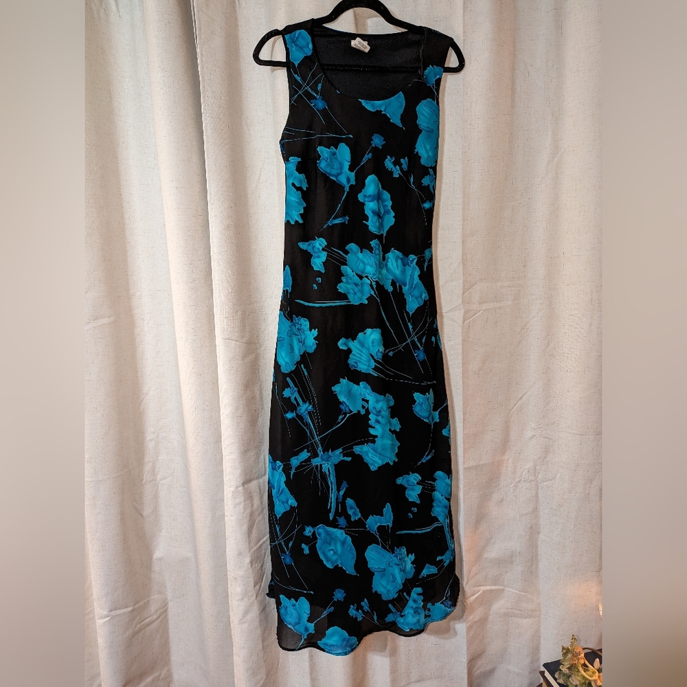 Y2K 90s Vintage Dark Floral Maxi Dress Navy Blue And Blue Color